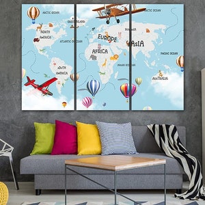 Bleu enfants Carte Enfants Carte Canvas Carte Imprimer Pour Les Enfants Coloré Carte du Monde Animal Mur Décor Enfants Chambre Carte du Monde Crèche Décor Art Carte Éducative