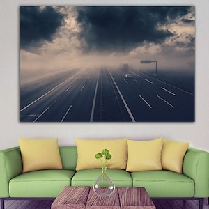 Highway canvas Road print Roadway wall decor Travel gift Road in fog Gray clouds art Tourism print Roadway print Highway wall art Dark cloud