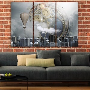 Steampunk Wand kunst Ballon Leinwand Uhr Home Art Airship Kunstwerk Alte Stadt Drucke Steam Punk Vintage Geschenk Landschaft Foto Industrial Maschinen