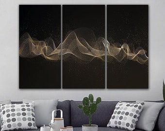 Golden Waves Abstract Canvas Modern Wall Decor for Living Room Geometric wall art Minimalist canvas set Black wall decor Horizontal art