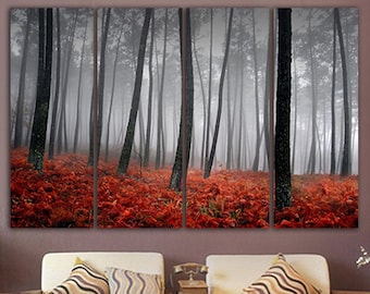Rode woud Wall Art Canvas boom print landschap Wall Art Foggy Forest print mist muur decor reizen gift rode boom print flora wand decor