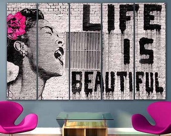 Life is beautiful Print on canvas Graffiti wall art New York graffiti Girl wall art Pink decor Graffiti canvas set Street art Gift artwork