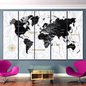 Negro blanco Mapa Mapa del mundo Lienzo Viaje Regalo Aventura mapa del mundo Atlas impresión Geográfico Mapa del mundo Mapa del mundo personalizado Mapa mundial Decoración de la oficina Regalo