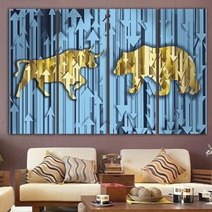 Bull bear Stock market décor Wall street canvas Stock Exchange Charging bull art Business print Trader art Office gift Financial wall art