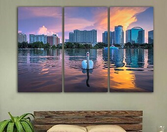Orlando canvas City park print Lake Eola park Florida décor Skyscraper wall art Gift for her Orlando poster Wall art lake Building city