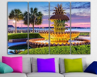 Fountain canvas Charleston art Pineapple fountain South Carolina art Palm tree décor City art Nature wall decor River print Landscape city