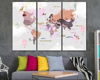 Pink kids Map Canvas Continent World Map Kids Map Prints Travel Wall Art Childrens Map Nursery Wall Decor Large world map Kids World Map