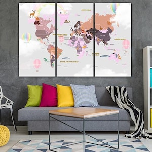 Roze kinderen Kaart Canvas Continent Wereldkaart Kinderen Kaart Afdrukken Reizen Wall Art Childrens Map Nursery Wall Decor Grote wereldkaart Kids Wereldkaart