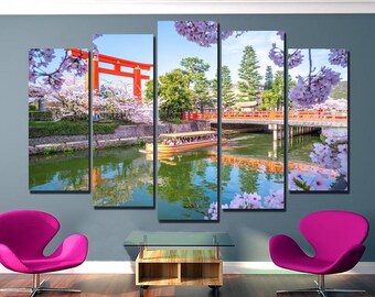 Sakura canvas set Cherry blossom art Japanese décor Torii gate print Flower room art Pink art work Japan print Ready to hang Gift for woman
