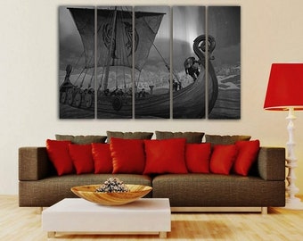 Viking canvas Norse Mythology Art Viking ship wall art Northern lights art Viking Age Gift for Viking Snow Mountains print Viking Decor art