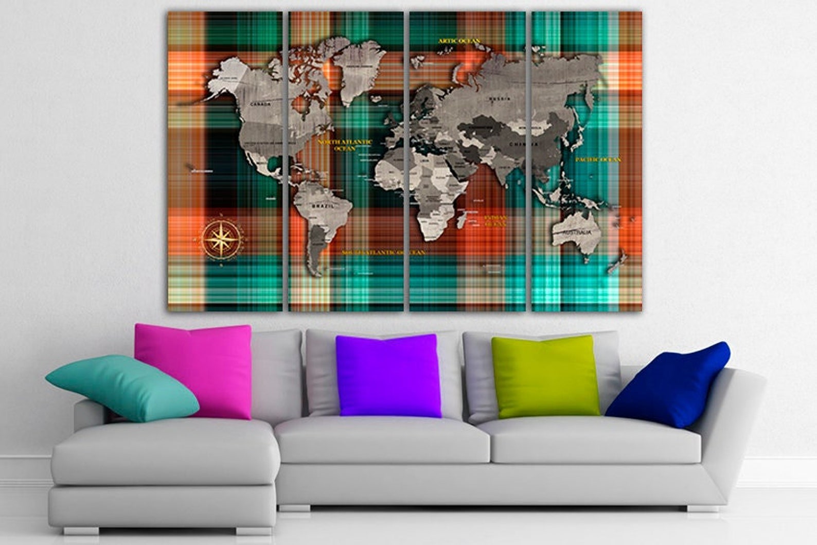 Canvas Wall Map Brown Grey Map Art Continent Canvas World Map Etsy