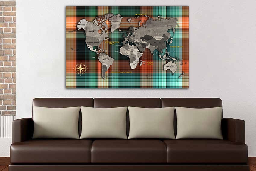 Canvas Wall Map Brown Grey Map Art Continent Canvas World Map Panels ...