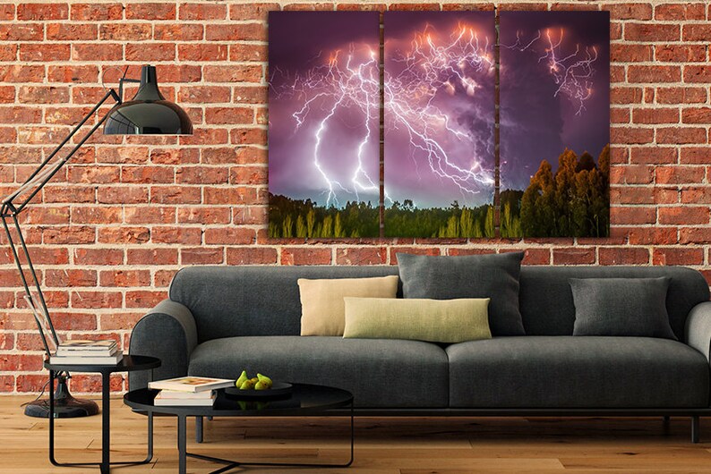 Eruption wall art Lightning bolt Volcano canvas Forest wall Etsy