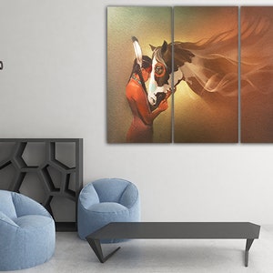 May include: A three-panel canvas print featuring a Native American woman with a headdress, embracing a white and brown horse. The background is a soft, golden brown with a hint of green.