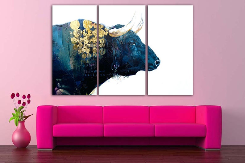 Bull Canvas Animal Wall Art Blue Gold Décor Nature Print Bull Etsy