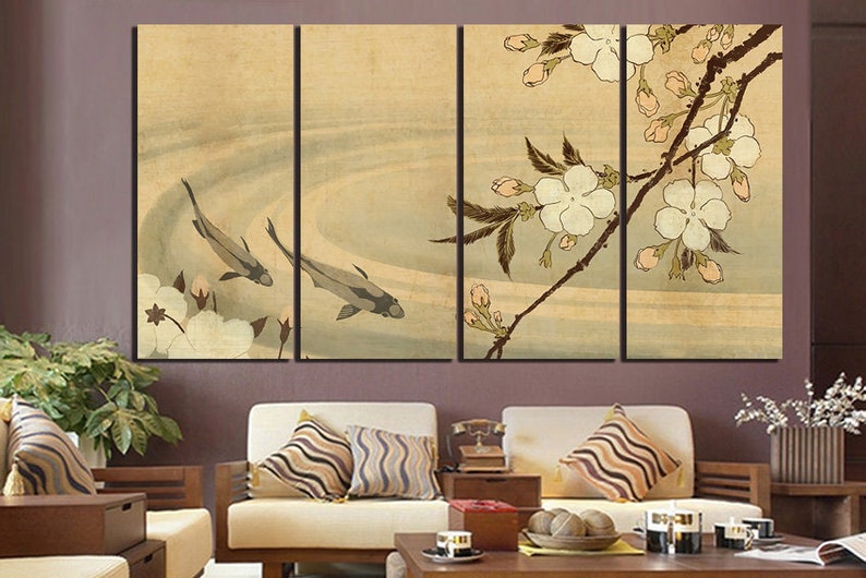 Japanese Koi Fish Wall Art Canvas Modern Deco Flower Wall - Etsy