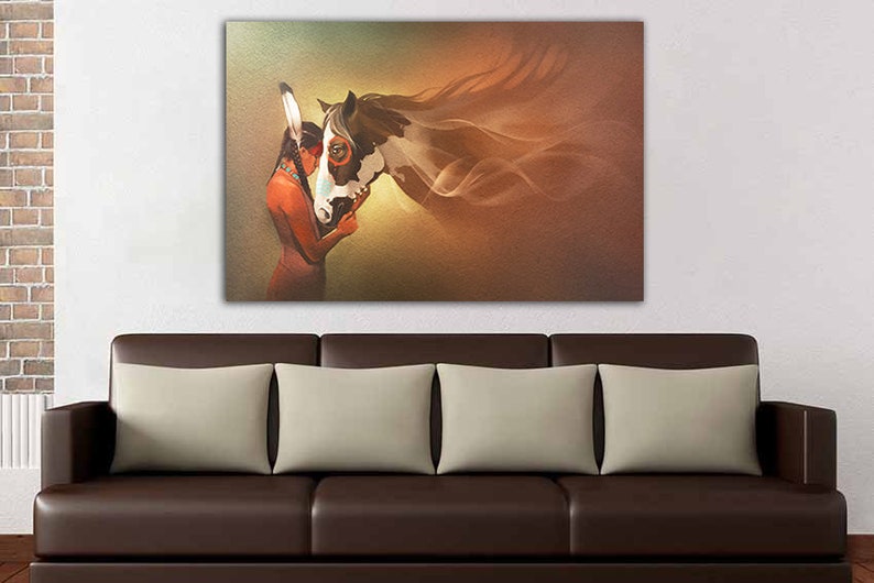 May include: A painting of a Native American woman in traditional clothing embracing a white and brown horse with flowing mane. The background is a soft brown and gold color.
