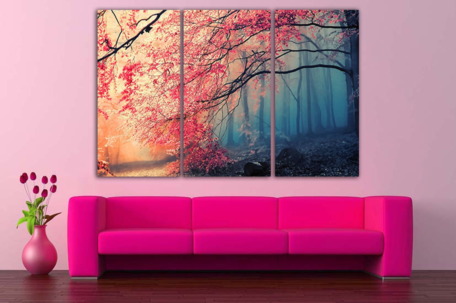 Red Forest Wall Art Canvas Tree Print Landscape Wall Art Foggy Forest ...