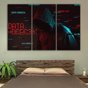 Könnte beinhalten: Ein dreiteiliger Leinwanddruck mit einer Person mit Kapuze vor einem dunklen Hintergrund mit dem Text "DATA BREACH" in Rot und Blau.