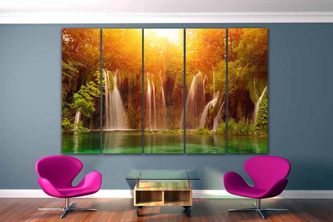 Waterfall Canvas Nature Decor Lake Wall Art Sun Wall Decor River Art ...