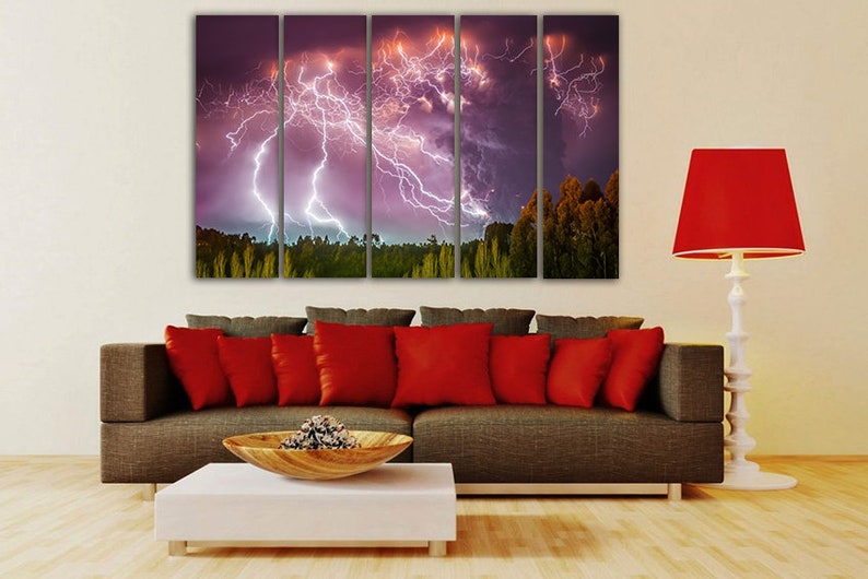 Eruption wall art Lightning bolt Volcano canvas Forest wall Etsy