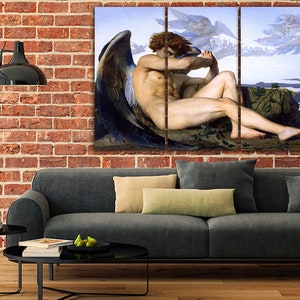 May include: A multi-panel canvas print depicting a fallen angel with large, dark wings. The angel is lying on a rocky outcrop with a cloudy sky in the background.