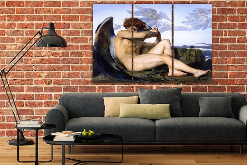May include: A multi-panel canvas print depicting a fallen angel with large, dark wings. The angel is lying on a rocky outcrop with a cloudy sky in the background.