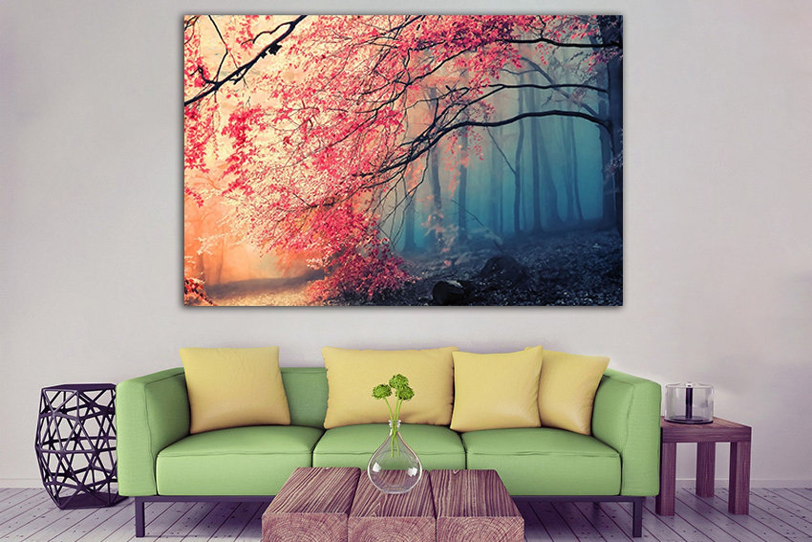 Red Forest Wall Art Canvas Tree Print Landscape Wall Art Foggy Forest ...