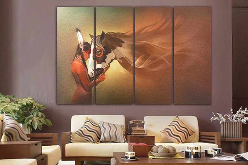 May include: A multi-panel canvas print featuring a Native American woman with a headdress, embracing a brown and white horse. The background is a soft, golden brown with a flowing, abstract design.