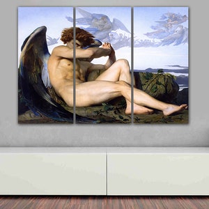 May include: A three-panel canvas print depicting a fallen angel with large, dark wings. The angel is lying on a rocky outcrop with a cloudy sky in the background.