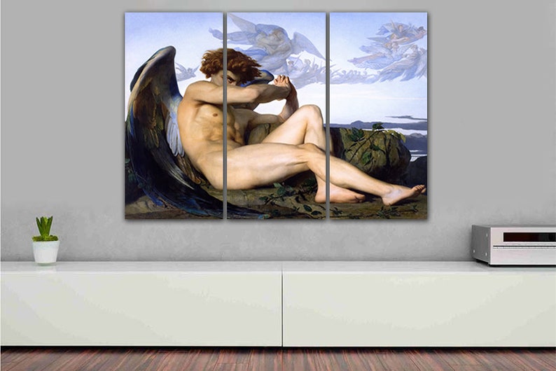 May include: A three-panel canvas print depicting a fallen angel with large, dark wings. The angel is lying on a rocky outcrop with a cloudy sky in the background.