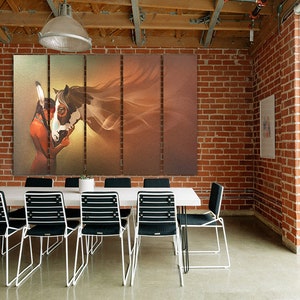 May include: A multi-panel canvas wall art featuring a painting of a brown and white horse with flowing mane. The horse is depicted in a soft, dreamy style with a blurred background.