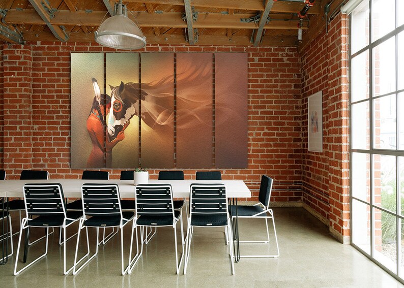 May include: A multi-panel canvas wall art featuring a painting of a brown and white horse with flowing mane. The horse is depicted in a soft, dreamy style with a blurred background.