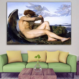 May include: A painting of a fallen angel with large, dark wings. The angel is lying on a rocky surface with a cloudy sky in the background.