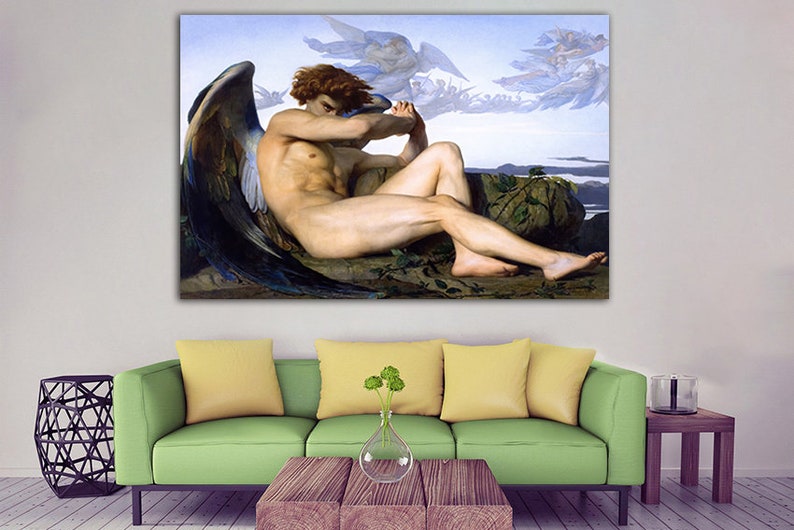 May include: A painting of a fallen angel with large, dark wings. The angel is lying on a rocky surface with a cloudy sky in the background.