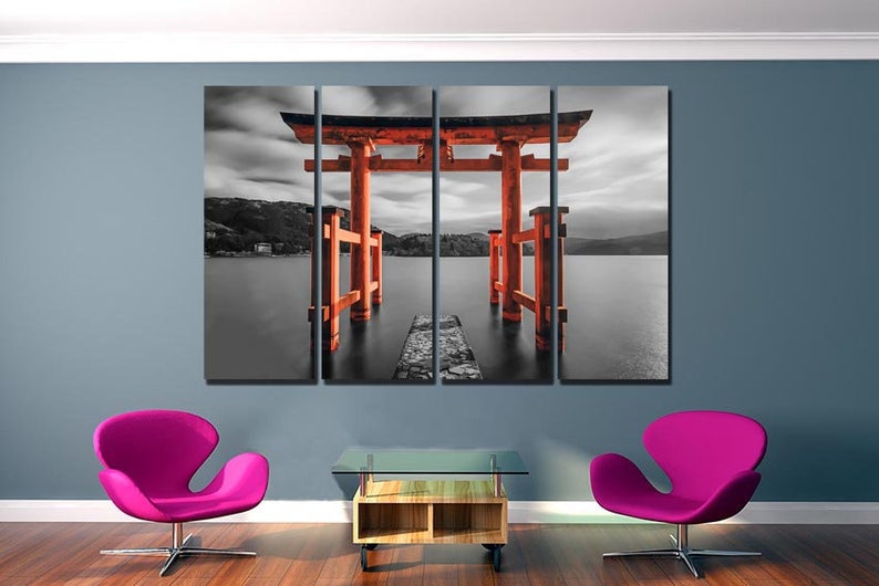 May include: A black and white photograph of a red Japanese Torii gate, a traditional gateway, standing in a body of water. The gate is a popular tourist destination and a symbol of Japanese culture.