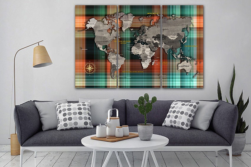 Canvas Wall Map Brown Grey Map Art Continent Canvas World Map Panels ...