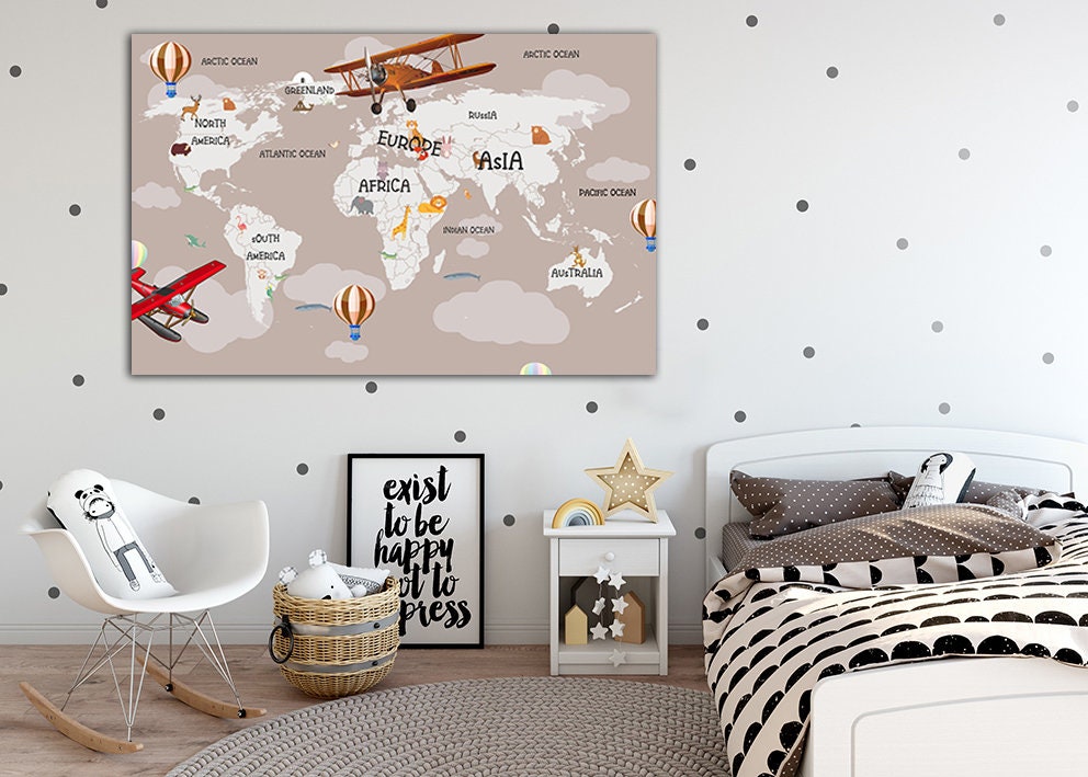 Kids World Map Canvas Animal World Map Décor Homeschooling World Map ...