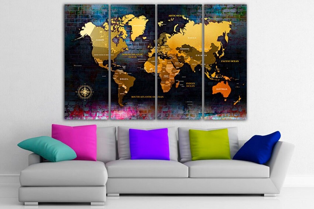 Colorful World Map Canvas Extra Large Gold World Map Print on Canvas ...
