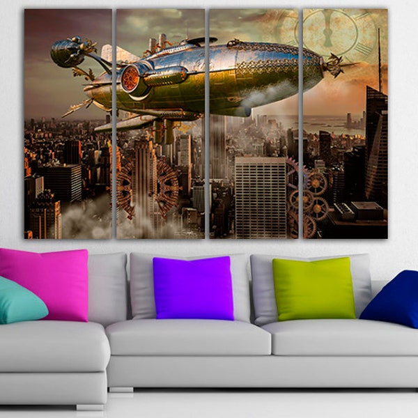 Steam punk decor Engineering art Mechanism artwork Clock wall art Aircraft canvas Airship photo Steampunk print Vintage gift House machinery