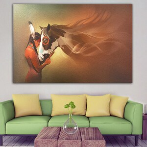 May include: A painting of a Native American woman with a headdress, embracing a brown and white horse with flowing mane. The background is a soft brown and yellow gradient.