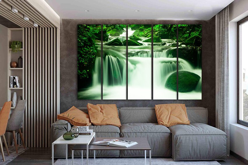 Waterfall Canvas Set Water Decor Cascade Wall Art Moss Print Forest ...