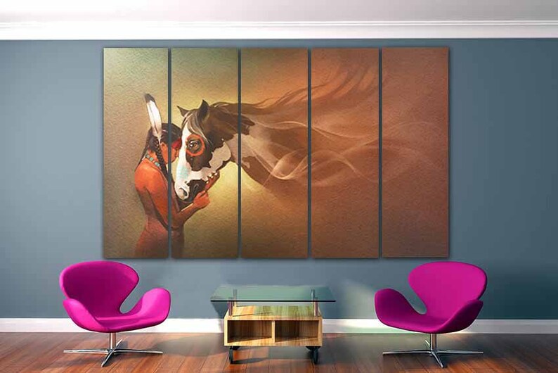 May include: A painting of a Native American woman with a feathered headdress, wearing a red and brown dress, touching noses with a white and brown horse. The horse's mane is flowing in the wind, and the background is a soft, brown and orange color.
