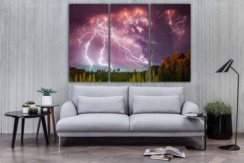 Eruption wall art Lightning bolt Volcano canvas Forest wall Etsy
