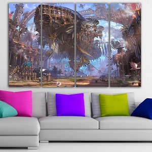 Futuristic wall art Fantasy canvas Steampunk city art Science fiction art Iron city print Dirigible décor Industrial artwork Technology art