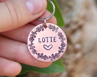 Personalized Flower Wreath Pet ID Tag: Hand Stamped Metal Collar Tag