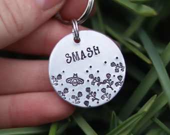 Personalized Hand Stamped Bee and Floral Print Metal Cat Dog Pet Collar ID Name Tag With Phone Number On The Back