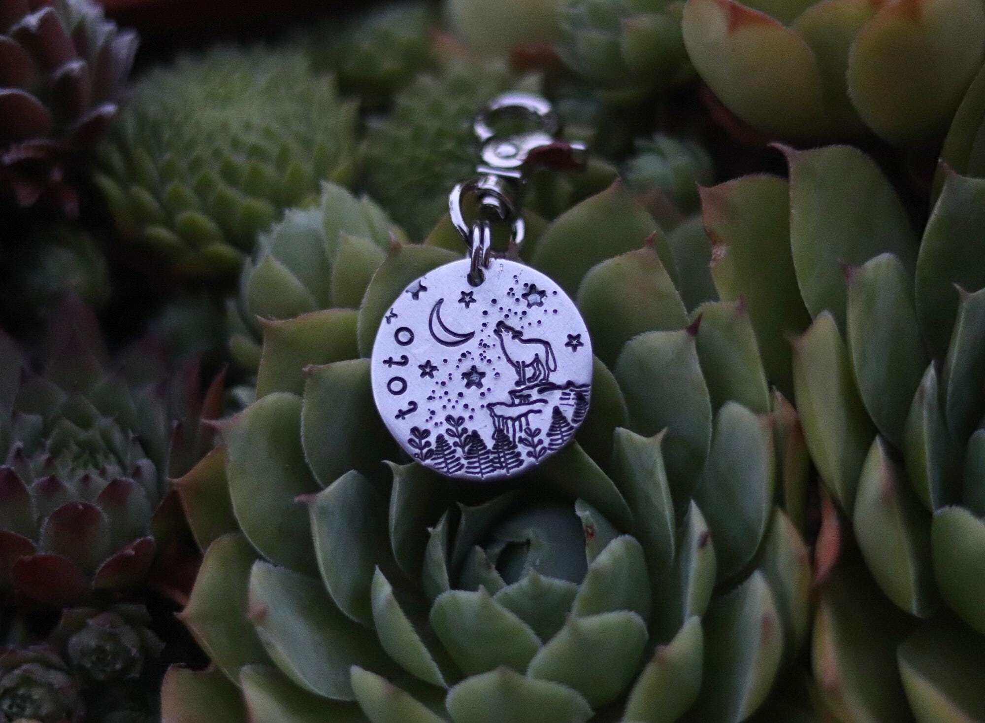 Personalized Mountain Wolf Pet ID Tag: Hand Stamped Metal Collar Tag
