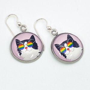Boucles d’oreilles Tuxedo Cat Cadeau Tuxedo Cat Chat avec lunettes arc-en-ciel Boucles d’oreilles cadeaux LGBTQ avec argent sterling