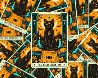 The High Priestess Black Cat Tarot Sticker, Halloween Black Cat Decal, Witchy Black Cat, Mystic Tarot Art S216